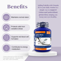Benefits infographic for Biotin 12,000mcg Complex showing icons for vision, cell protection, blood formation and energy metabolism beside the bottle.
