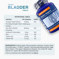 Blue bladder support bottle with label beside a nutrition table and ingredients panel on a light background.