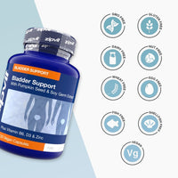 Blue bottle labeled Bladder Support Complex with pumpkin seed and soy germ extract; right side shows circular icons for GMO free gluten free dairy free nut free wheat free egg free fish free shellfish free and vegan.