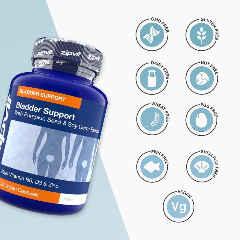 Blue bottle labeled Bladder Support Complex with pumpkin seed and soy germ extract; right side shows circular icons for GMO free gluten free dairy free nut free wheat free egg free fish free shellfish free and vegan.