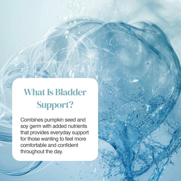 Promotional image for Bladder Support Complex with a blue water background and a white rounded callout card.