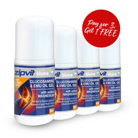 Four Blume glucosamine and emu oil gel bottles with magnesium in a promotional display with a red circle