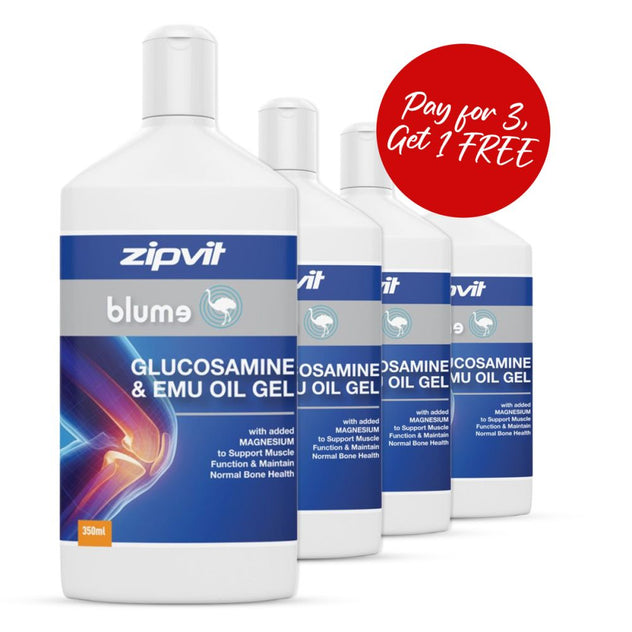 Four Blume glucosamine and emu oil gel bottles with magnesium in a promotional display