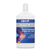 Blums Glucosamine and Emu Oil Gel bottle featuring magnesium on a blue white label.