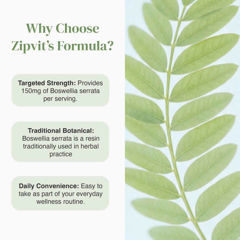 Boswellia Serrata 150mg product feature panel with left text blocks and a large green leaf on the right