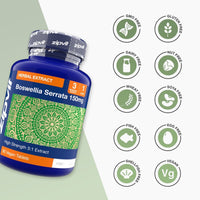 Boswellia Serrata 150mg bottle with a row of free from icons including GMO free gluten free dairy free nut free wheat free soya free fish free egg free shellfish free and vegan