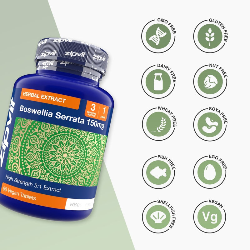 Boswellia Serrata 150mg bottle with a row of free from icons including GMO free gluten free dairy free nut free wheat free soya free fish free egg free shellfish free and vegan