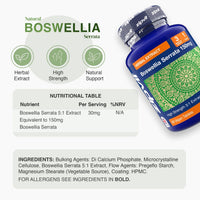 Boswellia Serrata 150mg herbal supplement bottle with green icons and a nutritional table