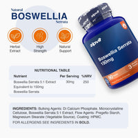 A bottle of zipvit Boswellia Serrata 150mg dietary supplement shown on a light gray background with product features, a nutritional table, and ingredients list.