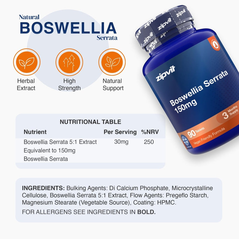 A bottle of zipvit Boswellia Serrata 150mg dietary supplement shown on a light gray background with product features, a nutritional table, and ingredients list.