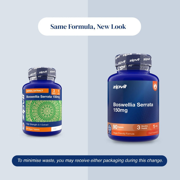 Two blue supplement bottles of zipvit Boswellia Serrata 150mg shown side by side on a light gray background, with text reading 'Same Formula, New Look' and a note about minimizing waste.