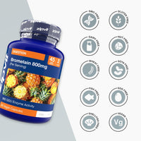 Blue Bromelain 800mg bottle with multiple circular badges showing GMO free gluten free dairy free nut free and more
