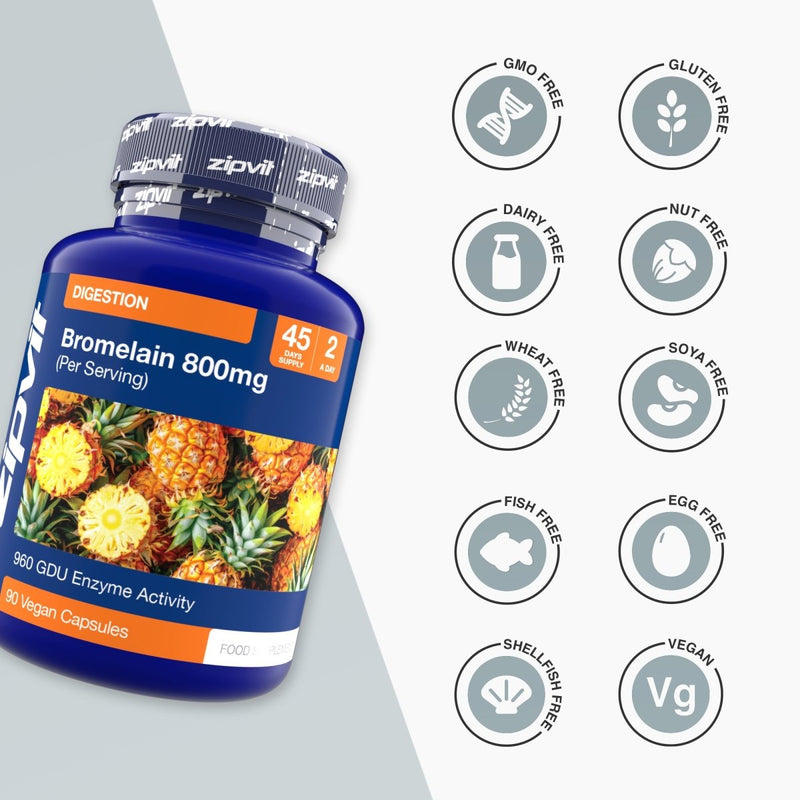 Blue Bromelain 800mg bottle with multiple circular badges showing GMO free gluten free dairy free nut free and more