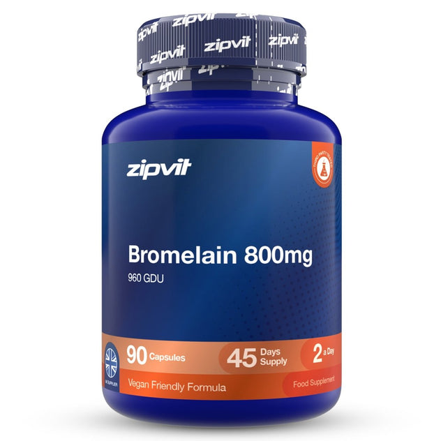 A blue bottle of zipvit Bromelain 800mg dietary supplement with a ribbed screw cap, shown on a clean white background.