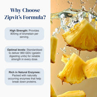 Promotional graphic for Zipvit's Formula supplement, featuring text on the left explaining benefits like high strength and optimal levels, and a photo of pineapple slices splashing in water on the right.
