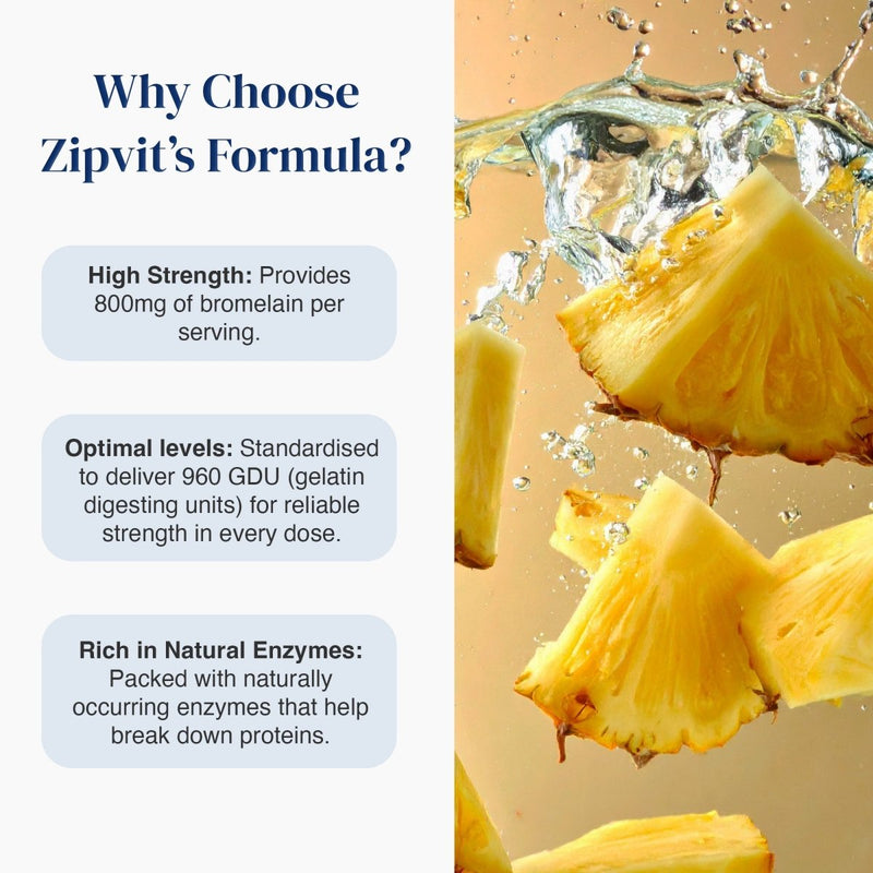Promotional graphic for Zipvit's Formula supplement, featuring text on the left explaining benefits like high strength and optimal levels, and a photo of pineapple slices splashing in water on the right.