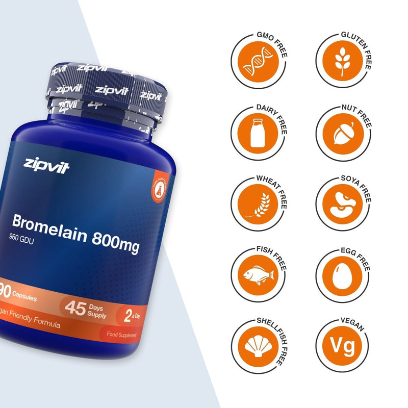 A blue bottle of zipvit Bromelain 800mg food supplement shown on a white background with multiple orange circular icons indicating dietary features like GMO Free, Gluten Free, Dairy Free, Nut Free, Wheat Free, Soya Free, Fish Free, Egg Free, Shell Free, Vegan, and 45 Day Supply.