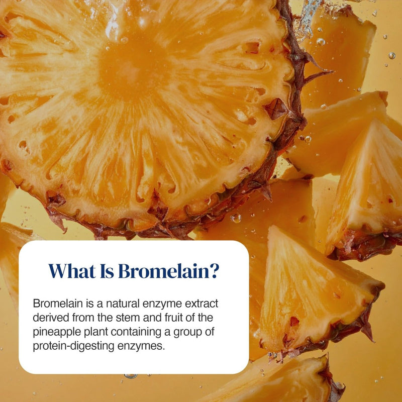 Pineapple slices and chunks in a golden liquid with a white text box that reads 'What Is Bromelain?' and a short explanatory paragraph about the enzyme extract.