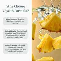Pineapple chunks splash beside a left panel listing Bromelain benefits High Strength Optimal levels Rich in Natural Enzymes