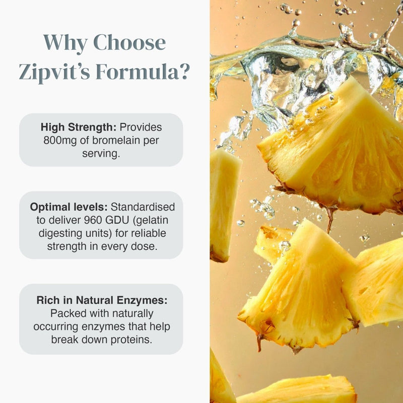 Pineapple chunks splash beside a left panel listing Bromelain benefits High Strength Optimal levels Rich in Natural Enzymes