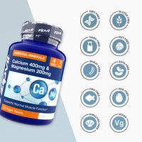 Angled blue bottle of Calcium 400mg and Magnesium 200mg supplement with essential minerals label