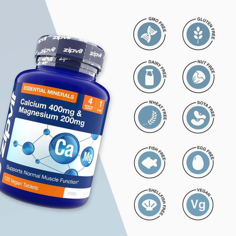 Angled blue bottle of Calcium 400mg and Magnesium 200mg supplement with essential minerals label
