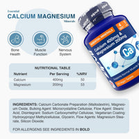Calcium 400mg and Magnesium 200mg bottle angled on the right with bone health muscle function and nervous system icons and a nutritional table