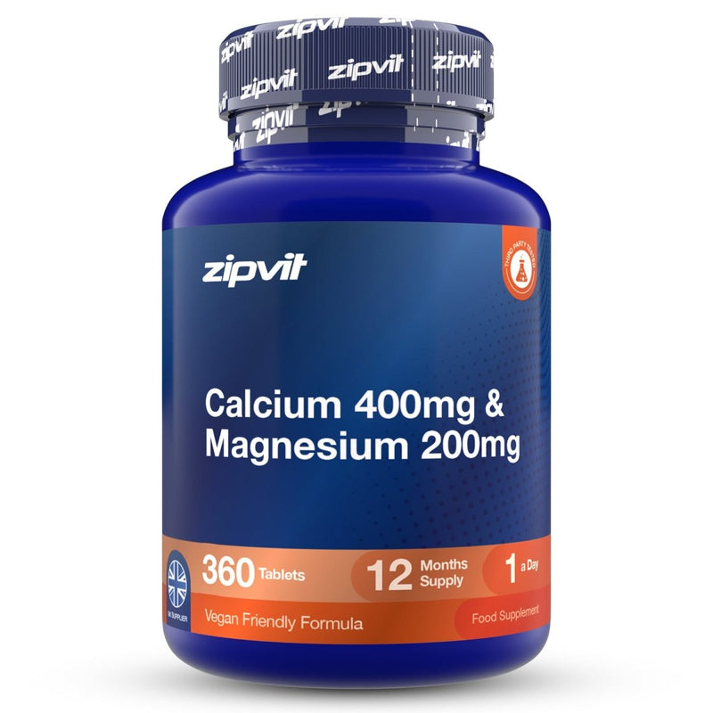 A blue plastic bottle of zipvit Calcium 400mg & Magnesium 200mg dietary supplement, containing 360 tablets, on a clean white background.
