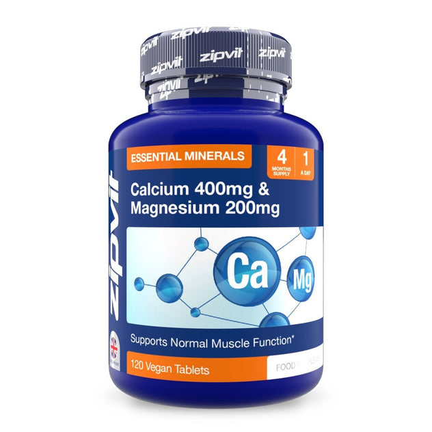 Calcium 400mg and Magnesium 200mg tablet bottle close up showing essential minerals label