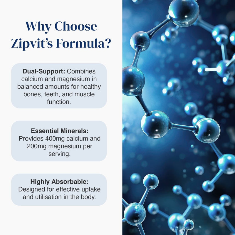 Promotional graphic for Zipvit's Formula with text on the left reading 'Why Choose Zipvit's Formula?' and three feature callouts, alongside a blue molecular structure illustration on the right.
