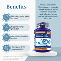 Benefits panel with bone health energy production muscle function and nervous system icons beside a Calcium 400mg Magnesium 200mg bottle