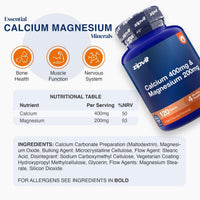 A bottle of zipvit Calcium Magnesium supplement shown on a light gray background with informational text, icons for bone health, muscle function, and nervous system, and a nutritional table.