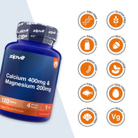 A blue bottle of zipvit Calcium 400mg & Magnesium 200mg supplements shown next to a column of orange circular icons indicating dietary certifications like GMO Free, Gluten Free, Dairy Free, Nut Free, Wheat Free, Soya Free, Fish Free, Egg Free, Shell & Fish Free, and Vegan.