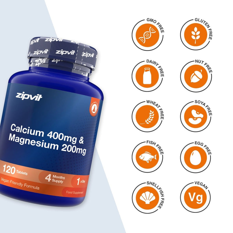 A blue bottle of zipvit Calcium 400mg & Magnesium 200mg supplements shown next to a column of orange circular icons indicating dietary certifications like GMO Free, Gluten Free, Dairy Free, Nut Free, Wheat Free, Soya Free, Fish Free, Egg Free, Shell & Fish Free, and Vegan.
