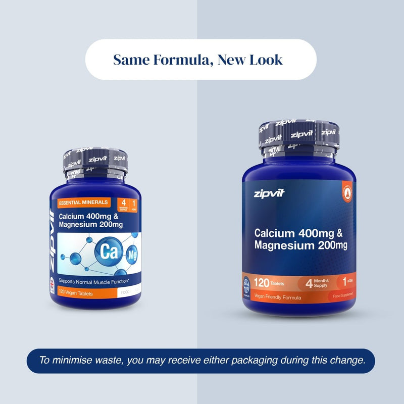 Two blue supplement bottles labeled zipvit Calcium 400mg & Magnesium 200mg, shown on a light gray background with text reading 'Same Formula, New Look' and a note about minimizing waste.