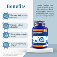 Benefits panel showing four rounded icons and text about bone health calcium absorption muscle function and immune support beside the blue bottle.