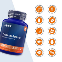 A blue bottle of zipvit Calcium 800mg dietary supplement shown on a white background with multiple orange circular icons indicating dietary certifications such as GMO Free, Gluten Free, Dairy Free, Nut Free, Wheat Free, Soya Free, Fish Free, Egg Free, Shell Free, and Vegan.