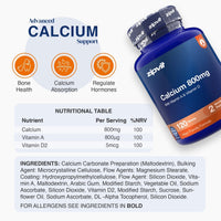 A bottle of zipvit Calcium 800mg dietary supplement shown on a white background with marketing text, icons for bone health, calcium absorption, and hormone regulation, a nutritional table, and the ingredients list.