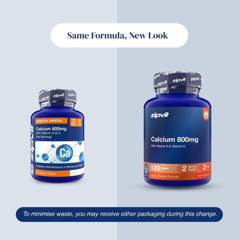 Two blue and white zipvit Calcium 800mg dietary supplement bottles shown side by side on a split light gray background, with text reading 'Same Formula, New Look' and a note about minimizing waste.