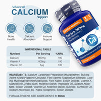Blue bottle of Calcium 800mg supplement with vitamins A and D and Ca molecular graphic