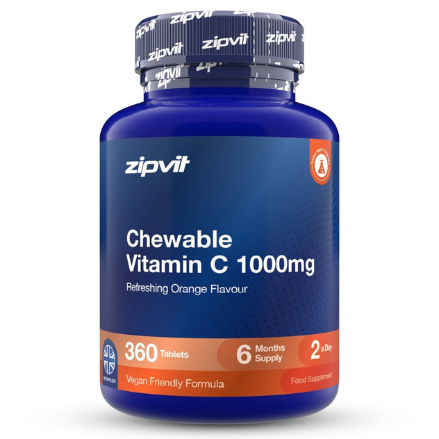 A blue plastic bottle of zipvit Chewable Vitamin C 1000mg tablets, featuring an orange and blue label with white text, on a clean white background.