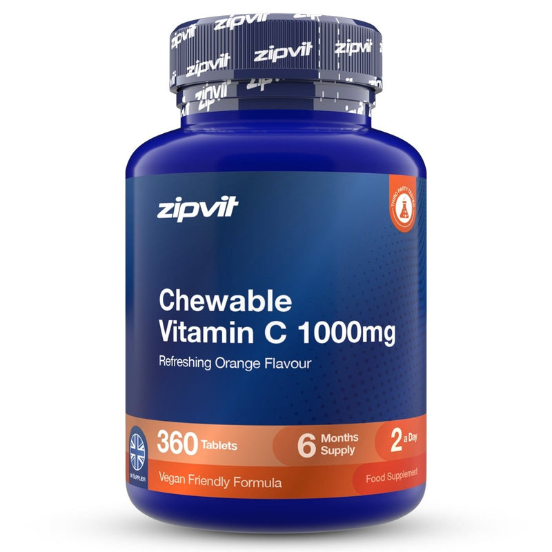 A blue plastic bottle of zipvit Chewable Vitamin C 1000mg tablets, featuring an orange and blue label with white text, on a clean white background.