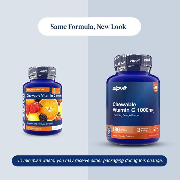 Two blue supplement bottles of zipvit Chewable Vitamin C on a light gray background with text reading 'Same Formula, New Look' and a note about minimizing waste.