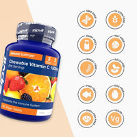 Blue Chewable Vitamin C 1000mg bottle with orange label and fruit image; right side shows round allergen free icons such as GMO Free Gluten Free Dairy Free Nut Free