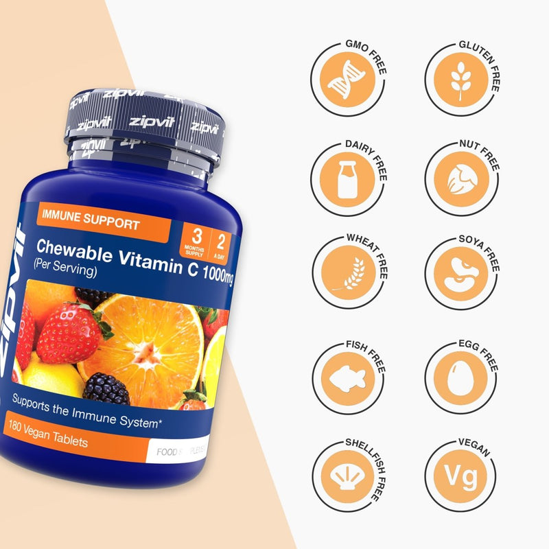 Blue Chewable Vitamin C 1000mg bottle with orange label and fruit image; right side shows round allergen free icons such as GMO Free Gluten Free Dairy Free Nut Free