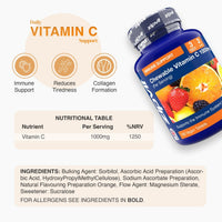 Chewable Vitamin C 1000mg bottle angled to the right with orange label and fruit imagery and icons for Immune Support Reduces Tiredness Collagen Formation