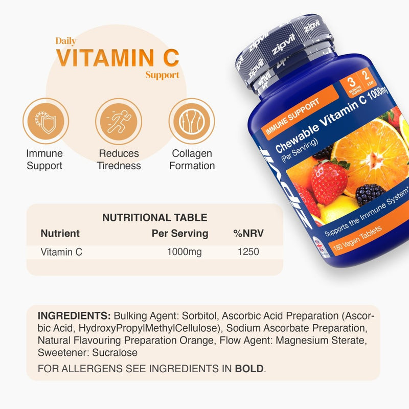 Chewable Vitamin C 1000mg bottle angled to the right with orange label and fruit imagery and icons for Immune Support Reduces Tiredness Collagen Formation