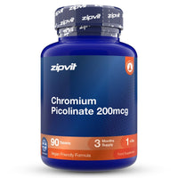 A blue bottle of zipvit Chromium Picolinate 200mcg dietary supplement, containing 90 tablets for a 3-month supply, on a white background.