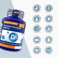 Chromium Picolinate bottle on left with ten circular badges listing GMO free gluten free dairy free nut free wheat free soy free fish free egg free shellfish free vegan