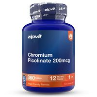 A blue bottle of zipvit Chromium Picolinate 200mcg dietary supplement, containing 360 tablets, on a white background.